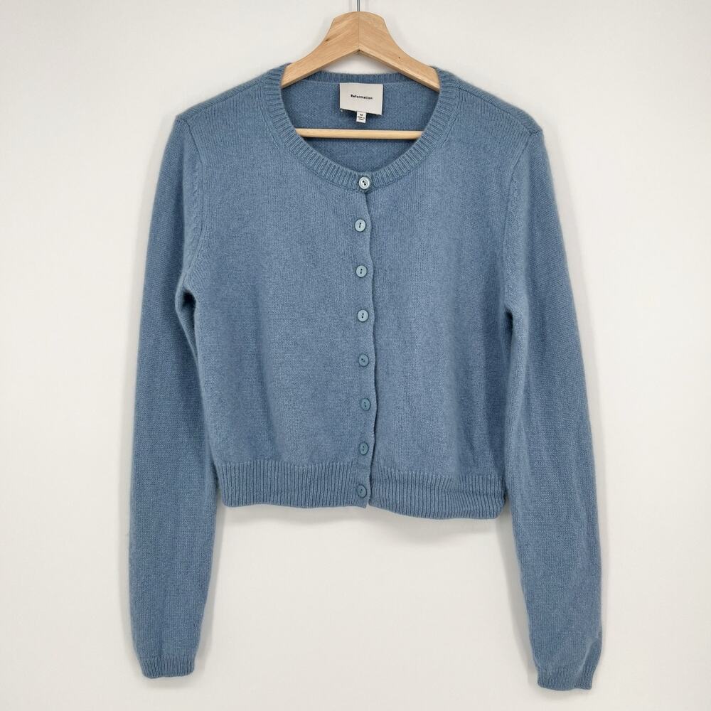 Reformation Clara Cashmere Cardigan Sweater Womens Medium Light Blue Button Crew